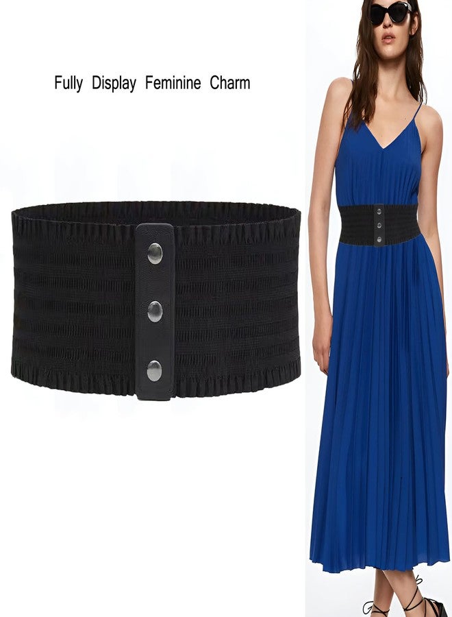 Kawailay Women's Wide Elastic Belt Vintage Cinch Waistband Snap Button Corset Waist Band for Dress - Black - Image 3